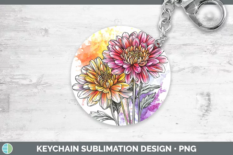 Watercolor Chrysanthemum Keychain Sublimation Keyring Design