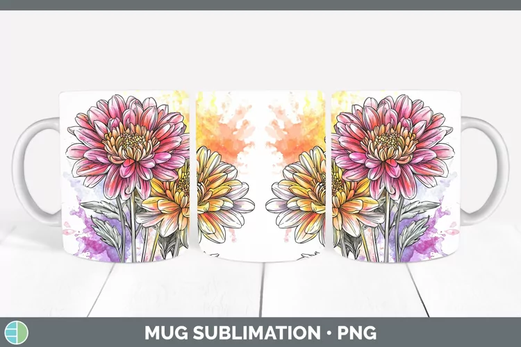 Watercolor Chrysanthemum Mug Wrap Sublimation Coffee Cup Des
