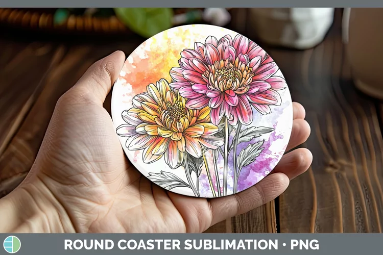 Watercolor Chrysanthemum Round Coaster Sublimation Coaster D