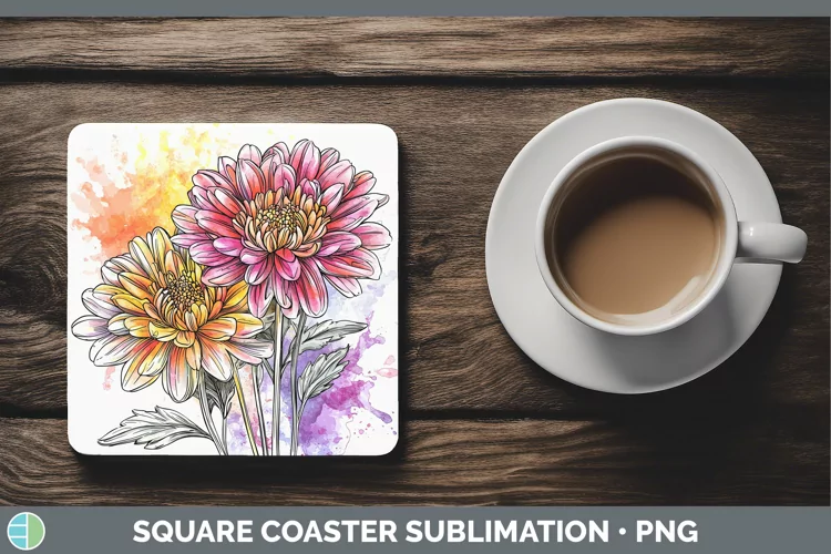 Watercolor Chrysanthemum Square Coaster Sublimation Coaster