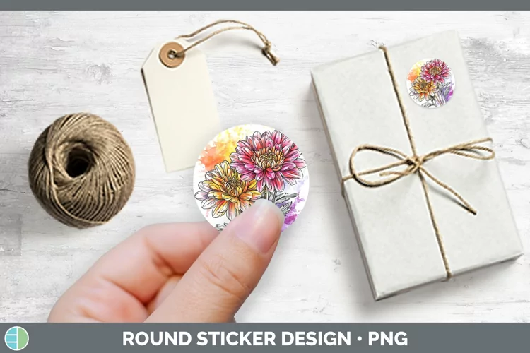 Watercolor Chrysanthemum Stickers | Round Labels Designs