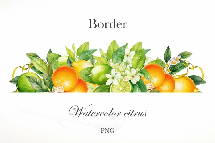 Watercolor citrus border PNG. Summer border