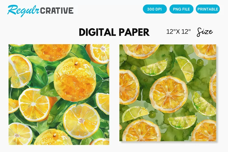 Watercolor Citrus Fruits Seamless Digital Paper