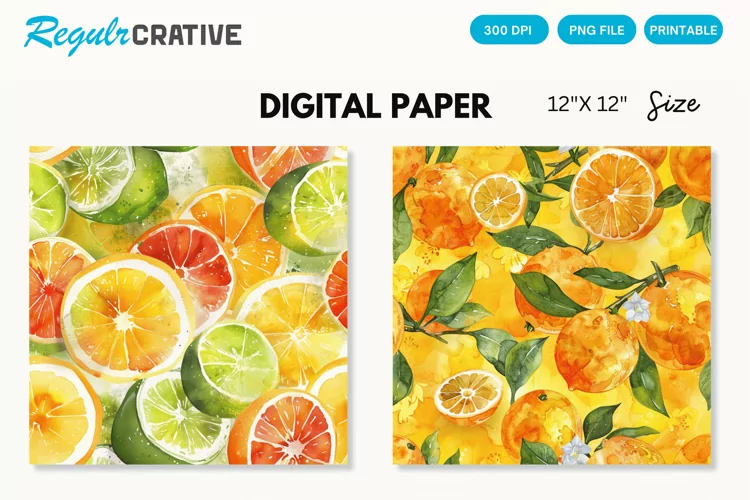Watercolor Citrus Fruits Seamless Digital Paper