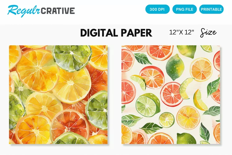 Watercolor Citrus Fruits Seamless Digital Paper