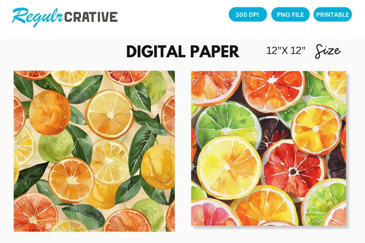 Watercolor Citrus Fruits Seamless Digital Paper