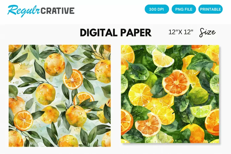 Watercolor Citrus Fruits Seamless Digital Paper