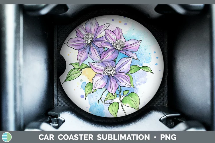 Watercolor Clematis Car Coaster Sublimation Designs