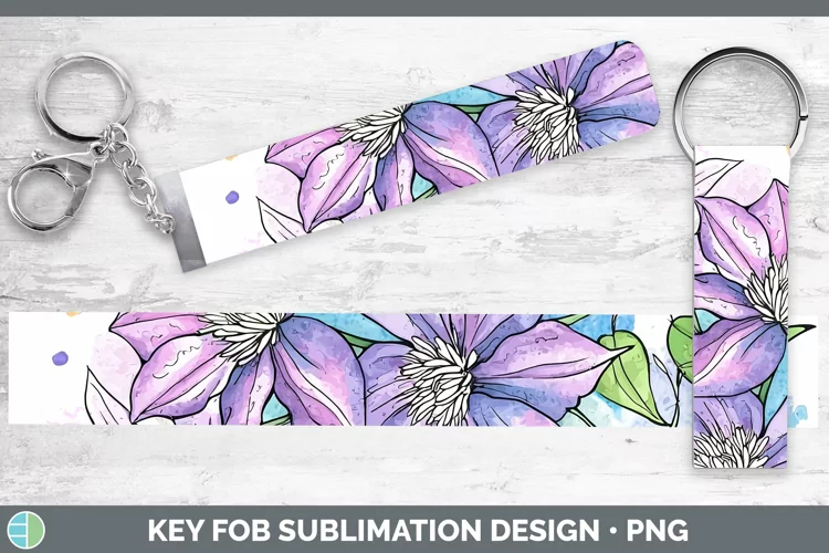 Watercolor Clematis Key Fob Sublimation Wristlet Designs