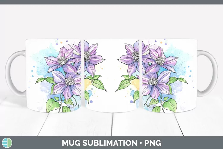 Watercolor Clematis Mug Wrap Sublimation Coffee Cup Designs