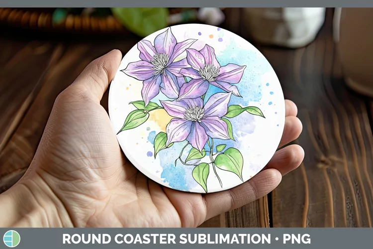 Watercolor Clematis Round Coaster Sublimation Coaster Design