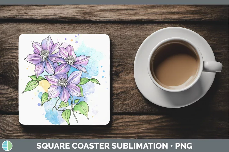 Watercolor Clematis Square Coaster Sublimation Coaster Desig