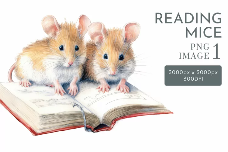 Cute Mice Reading 1 PNG | Watercolor Clipart