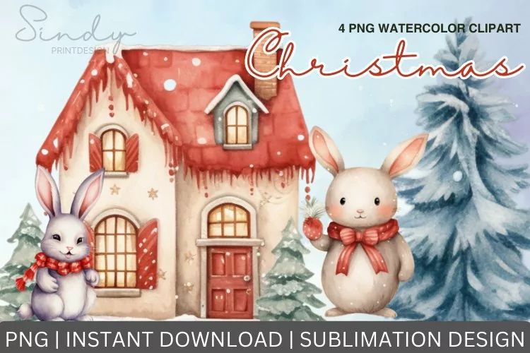 Christmas Rabbit Watercolor Clipart Sublimation