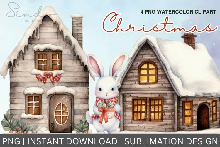 Cute Christmas Watercolor Clipart Sublimation