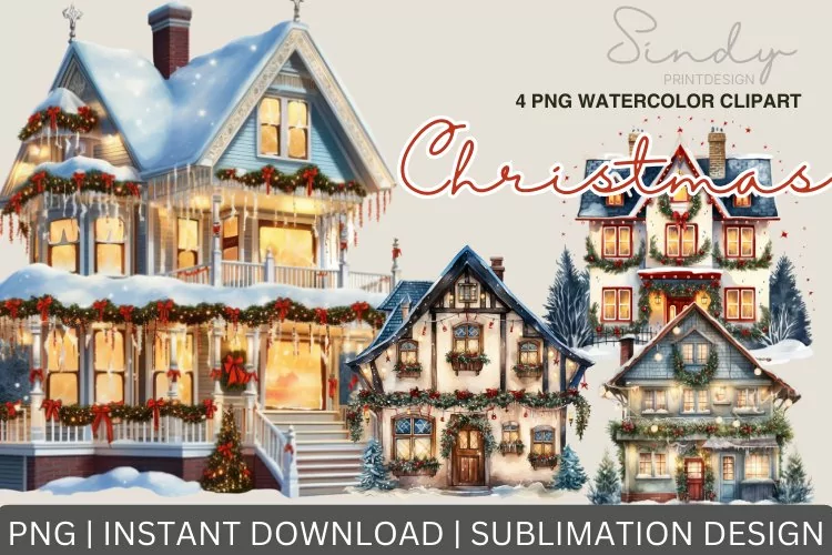 Light Christmas House Watercolor Clipart Sublimation