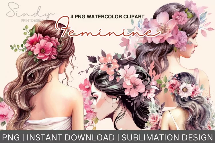 Feminine Flowers Watercolor Clipart Sublimation