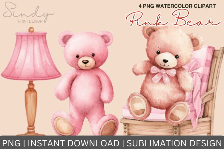 Pink Bear Watercolor Clipart Sublimation example image 1