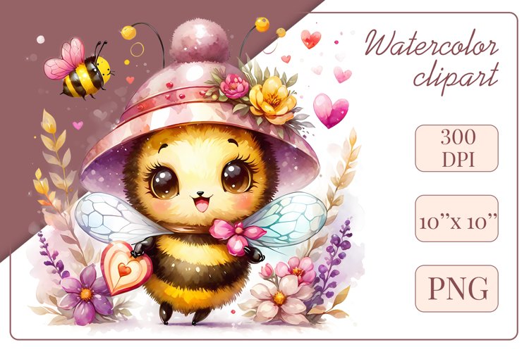 Watercolor Clipart, Cute Bee, Flower, Sublimation Design Png