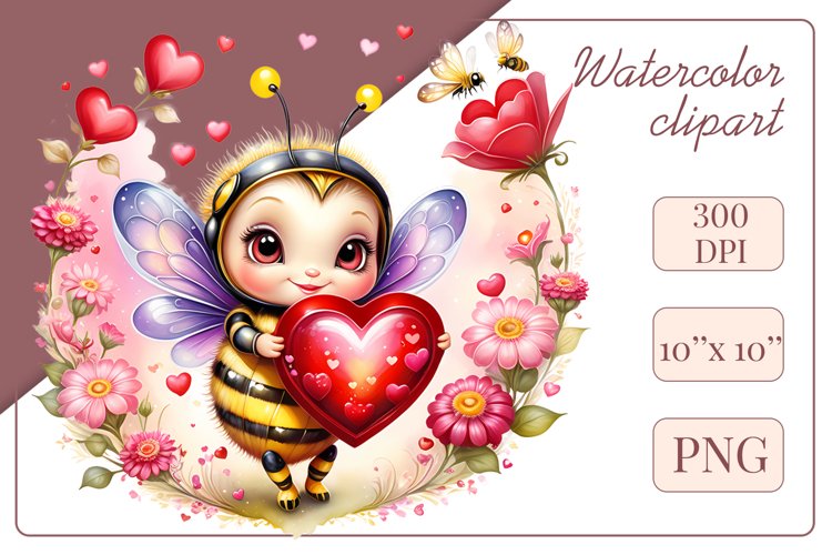 Watercolor Clipart Little Bee, Flower Sublimation Design Png