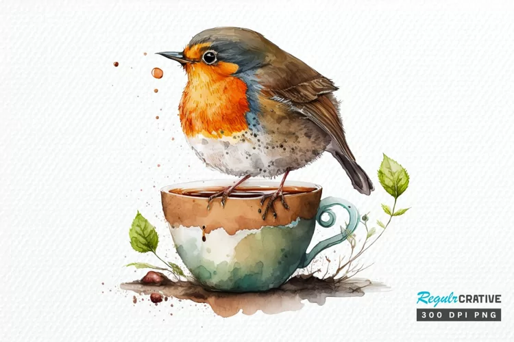 Watercolor Cute European Robin with a Cup PNG Clipart