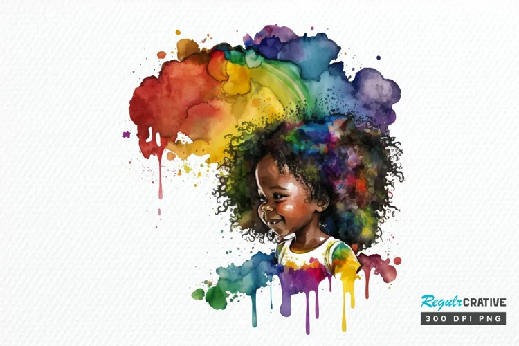 Watercolor African Black Cute Girl Rainbow PNG Clipart