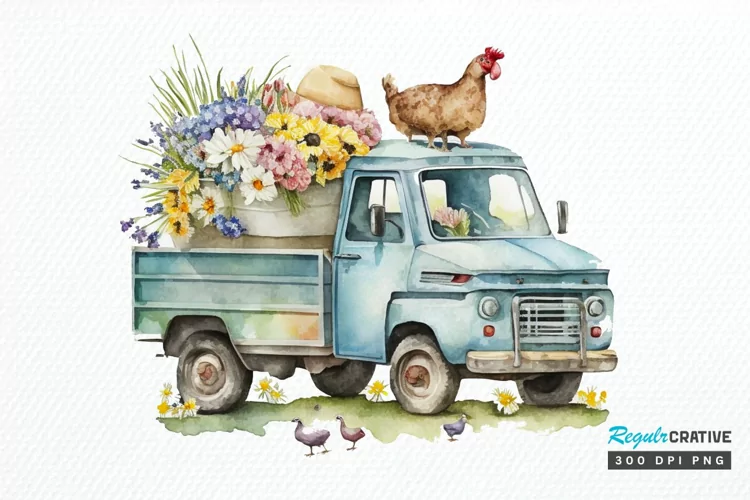 Watercolor Easter Truck PNG Clipart