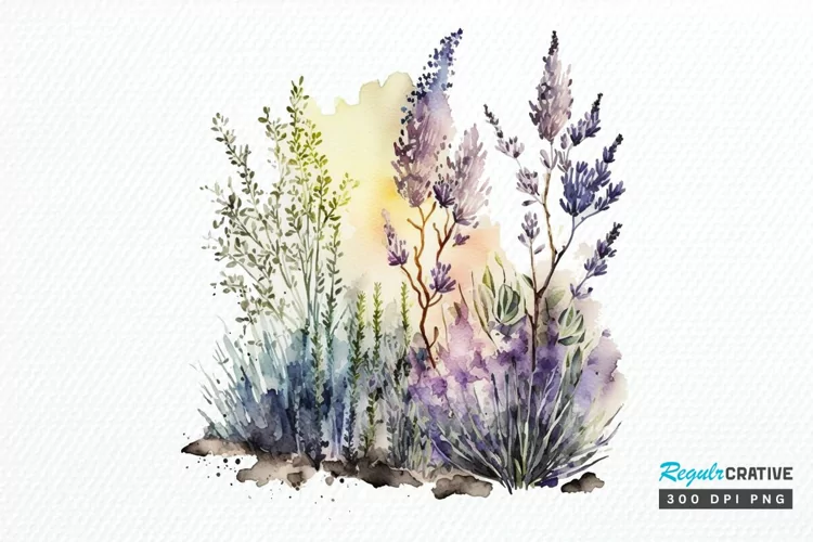 Watercolor Lavender Garden PNG Clipart