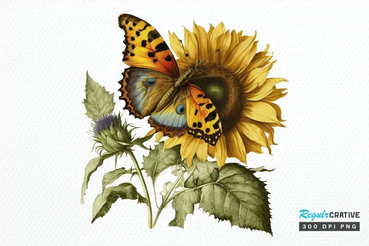 Watercolor Vintage Butterfly Sunflower PNG Clipart