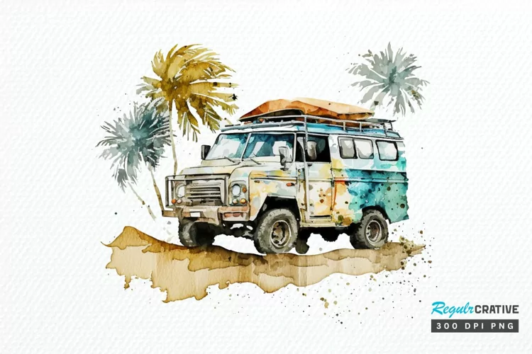 Watercolor Beach Truck PNG Clipart