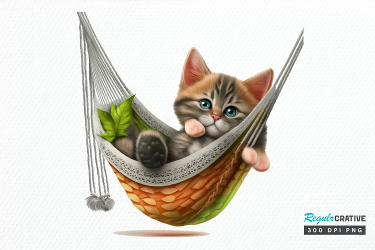 Watercolor Cute Cat in a Hammock PNG Clipart