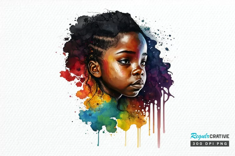 Watercolor African Black Cute Girl Rainbow PNG Clipart