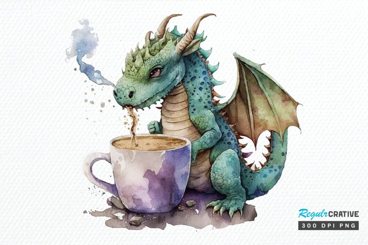 Watercolor Cute Dragon Drinking Coffee PNG Clipart example image 1