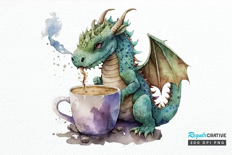 Watercolor Cute Dragon Drinking Coffee PNG Clipart