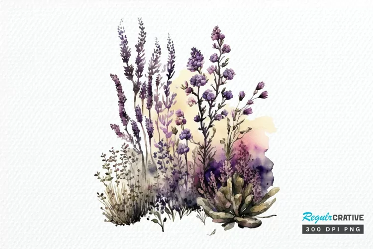 Watercolor Lavender Garden PNG Clipart