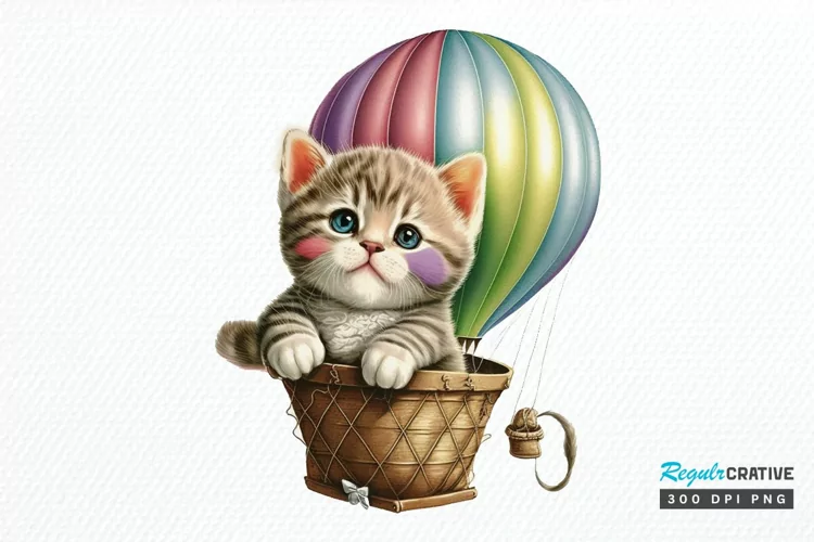 Watercolor Cute Kitten with Air Balloon PNG Clipart