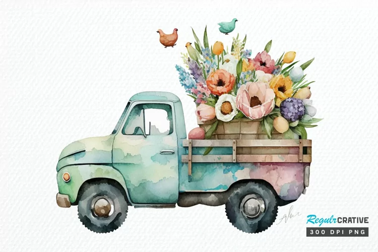 Watercolor Easter Truck PNG Clipart