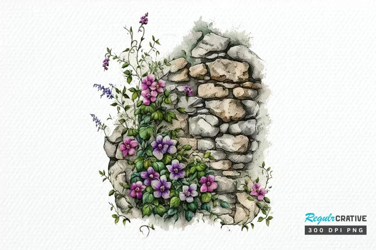 Watercolor Floral Stone Wall PNG Clipart