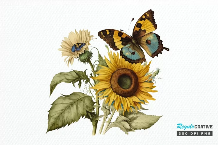 Watercolor Vintage Butterfly Sunflower PNG Clipart