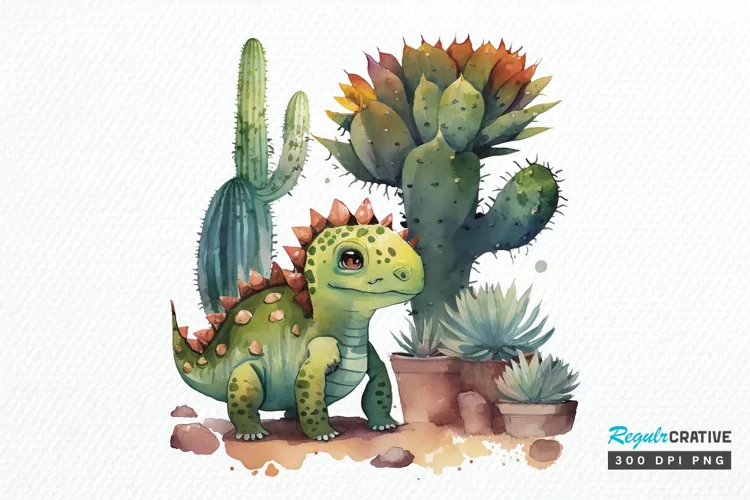Watercolor Cute Dinosaur and Cactus PNG Clipart