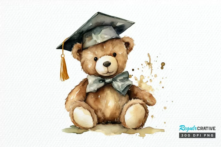 Watercolor Graduate Teddy Bear PNG Clipart
