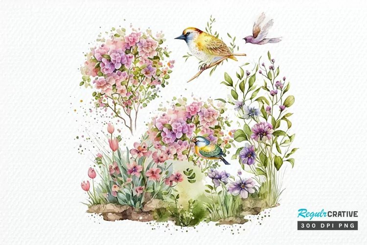 Watercolor Spring Garden PNG Clipart