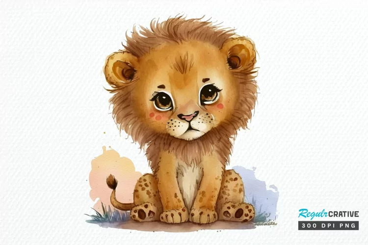 Watercolor Cute Baby Lion Kawaii Cartoon PNG Clipart