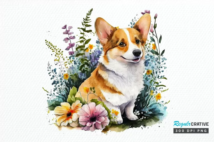 Watercolor Cute Corgi and Flowers PNG Clipart