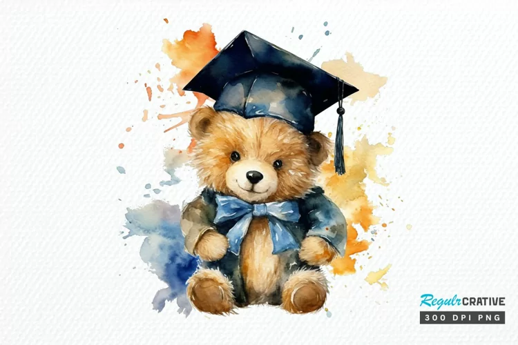 Watercolor Graduate Teddy Bear PNG Clipart
