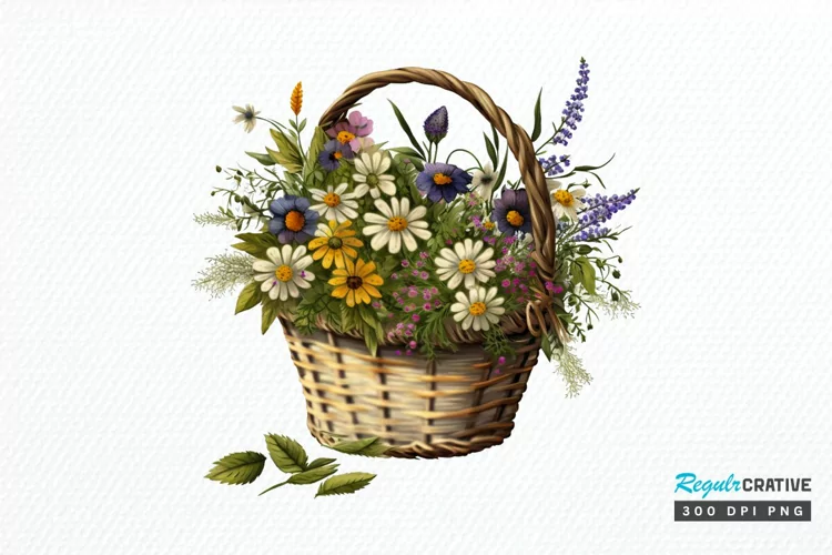 Basket of Wildflowers PNG Clipart