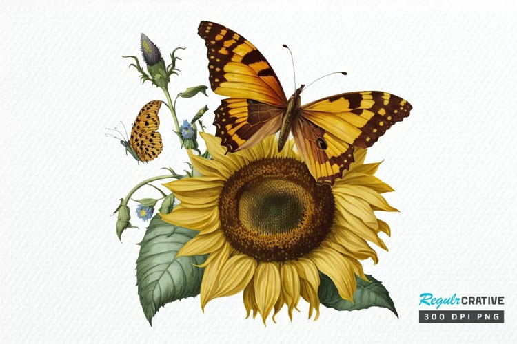 Watercolor Vintage Butterfly Sunflower PNG Clipart