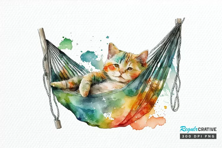 Watercolor Cute Cat in a Hammock PNG Clipart