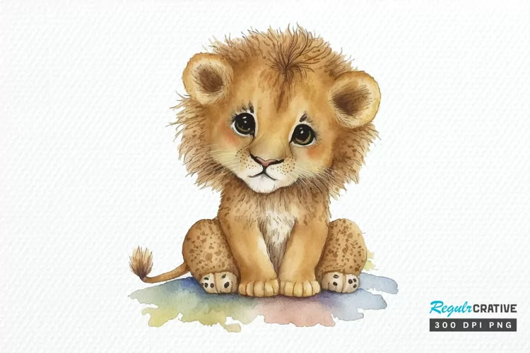Watercolor Cute Baby Lion Kawaii Cartoon PNG Clipart