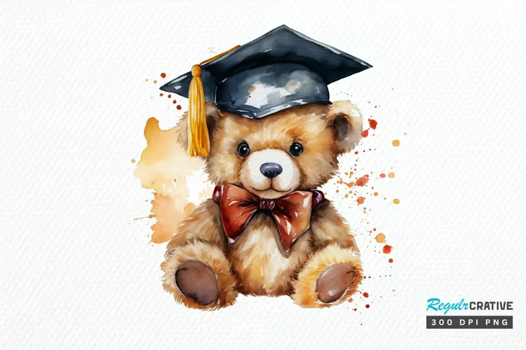 Watercolor Graduate Teddy Bear PNG Clipart